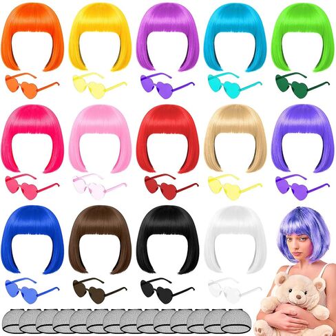 42 Pcs Short Bob Wigs Sunglasses and Wig Caps, Colorful Party Wigs Neon Cosplay Hairpieces for Women Birthday Halloween Bachelorette Party - 14 Bright Colors in Kuwait