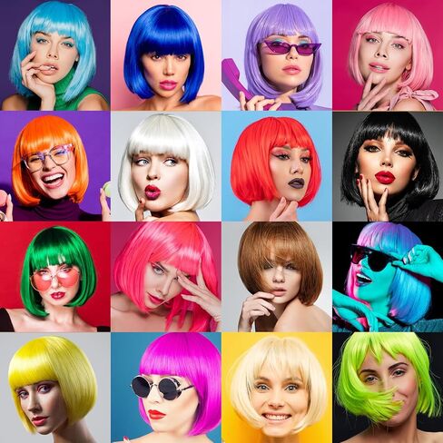 42 Pcs Short Bob Wigs Sunglasses and Wig Caps, Colorful Party Wigs Neon Cosplay Hairpieces for Women Birthday Halloween Bachelorette Party - 14 Bright Colors in Kuwait