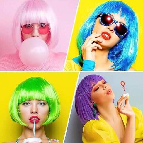 42 Pcs Short Bob Wigs Sunglasses and Wig Caps, Colorful Party Wigs Neon Cosplay Hairpieces for Women Birthday Halloween Bachelorette Party - 14 Bright Colors in Kuwait