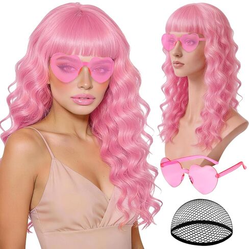 Hot Pink Wave Wig for Women with Heart Sunglasses, Neon Long Curly Wavy Wigs with Hair Cap Colorful Big Wavy Curls Funny Hair for Cosplay Birthday Bachelor Party Halloween Christmas Costume in Saudi Arabia