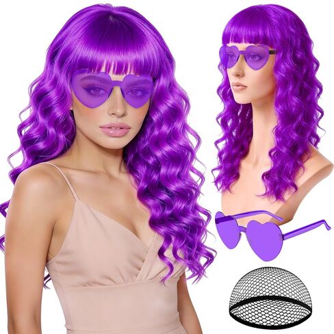 Hot Pink Wave Wig for Women with Heart Sunglasses, Neon Long Curly Wavy Wigs with Hair Cap Colorful Big Wavy Curls Funny Hair for Cosplay Birthday Bachelor Party Halloween Christmas Costume in Saudi Arabia