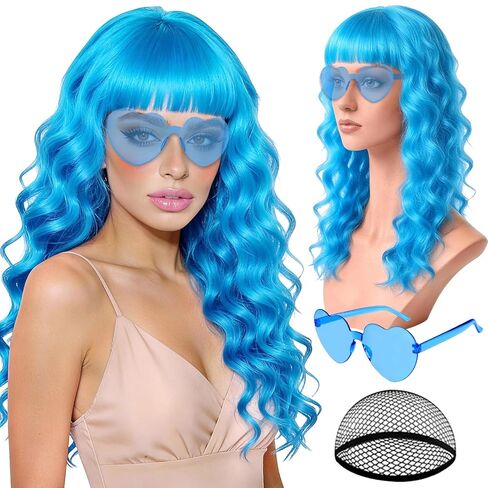 Hot Pink Wave Wig for Women with Heart Sunglasses, Neon Long Curly Wavy Wigs with Hair Cap Colorful Big Wavy Curls Funny Hair for Cosplay Birthday Bachelor Party Halloween Christmas Costume in Saudi Arabia