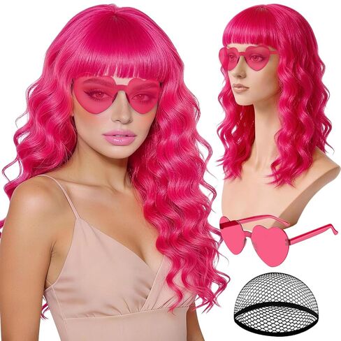 Hot Pink Wave Wig for Women with Heart Sunglasses, Neon Long Curly Wavy Wigs with Hair Cap Colorful Big Wavy Curls Funny Hair for Cosplay Birthday Bachelor Party Halloween Christmas Costume in Saudi Arabia