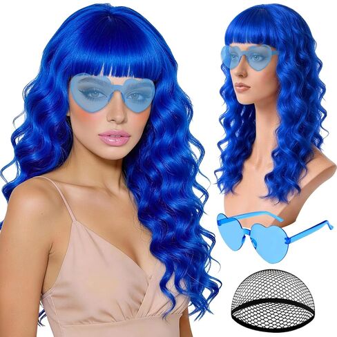 Hot Pink Wave Wig for Women with Heart Sunglasses, Neon Long Curly Wavy Wigs with Hair Cap Colorful Big Wavy Curls Funny Hair for Cosplay Birthday Bachelor Party Halloween Christmas Costume in Saudi Arabia