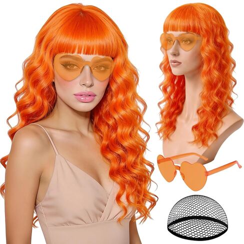 Hot Pink Wave Wig for Women with Heart Sunglasses, Neon Long Curly Wavy Wigs with Hair Cap Colorful Big Wavy Curls Funny Hair for Cosplay Birthday Bachelor Party Halloween Christmas Costume in Saudi Arabia