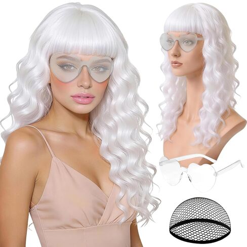 Hot Pink Wave Wig for Women with Heart Sunglasses, Neon Long Curly Wavy Wigs with Hair Cap Colorful Big Wavy Curls Funny Hair for Cosplay Birthday Bachelor Party Halloween Christmas Costume in Saudi Arabia