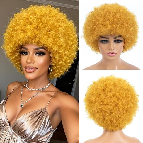 شعر مستعار أفرو قصير غريب مجعد مع الانفجارات بدون غراء للنساء السود والرجال في السبعينيات ديسكو نطاط رقيق منتفخ صناعي مقاوم للحرارة شعر طبيعي المظهر للحفلات التنكرية للاستخدام اليومي in Kuwait