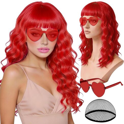 Hot Pink Wave Wig for Women with Heart Sunglasses, Neon Long Curly Wavy Wigs with Hair Cap Colorful Big Wavy Curls Funny Hair for Cosplay Birthday Bachelor Party Halloween Christmas Costume in Saudi Arabia