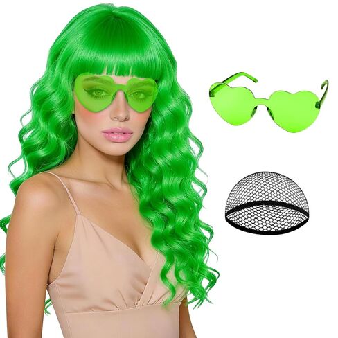 Hot Pink Wave Wig for Women with Heart Sunglasses, Neon Long Curly Wavy Wigs with Hair Cap Colorful Big Wavy Curls Funny Hair for Cosplay Birthday Bachelor Party Halloween Christmas Costume in Saudi Arabia
