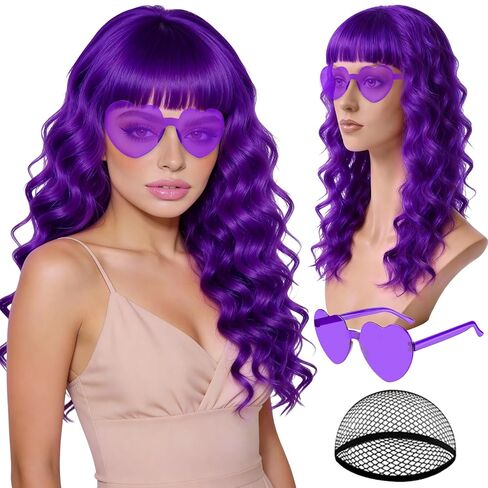 Hot Pink Wave Wig for Women with Heart Sunglasses, Neon Long Curly Wavy Wigs with Hair Cap Colorful Big Wavy Curls Funny Hair for Cosplay Birthday Bachelor Party Halloween Christmas Costume in Saudi Arabia