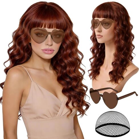 Hot Pink Wave Wig for Women with Heart Sunglasses, Neon Long Curly Wavy Wigs with Hair Cap Colorful Big Wavy Curls Funny Hair for Cosplay Birthday Bachelor Party Halloween Christmas Costume in Saudi Arabia