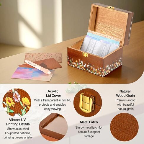 Valentine's Day Gifts for her, 3 * 5 Solid Wood Index Card Organizer Friendship Bracelet Box with Transparent Acrylic Top Cover Gift for Christmas & New Year Comes with 100 Guide Cards in Saudi Arabia