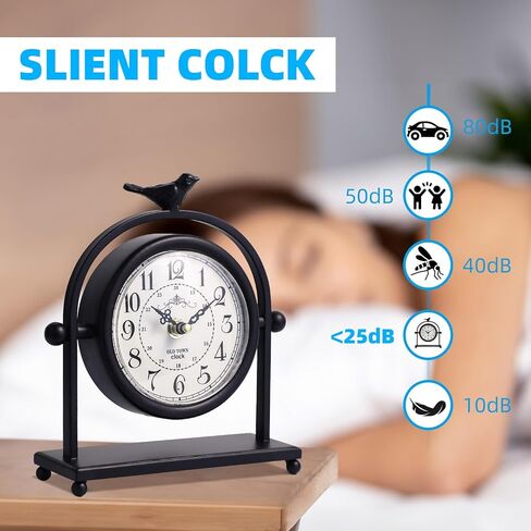 MODE HOME ساعة طاولة مزرعة عتيقة مع غطاء للطيور، ساعة رف صامتة غير موقوتة مع غطاء خلفي قابل للإغلاق، ساعة مكتب مزخرفة بالحديد الأسود لغرفة المعيشة، رف الموقد وغرفة النوم، 8 بوصة in Kuwait