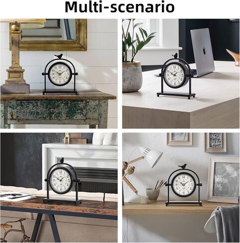 MODE HOME ساعة طاولة مزرعة عتيقة مع غطاء للطيور، ساعة رف صامتة غير موقوتة مع غطاء خلفي قابل للإغلاق، ساعة مكتب مزخرفة بالحديد الأسود لغرفة المعيشة، رف الموقد وغرفة النوم، 8 بوصة in Kuwait