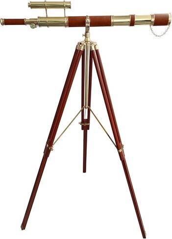 Vintage Telescope Shiny Brass Finish Double Barrel Marine Functional Antique Floor Standing Wooden Tripod Sailor Ship Brown Leather Coverd Tube Nautical in Saudi Arabia
