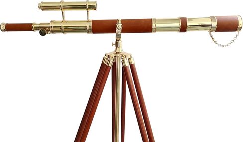 Vintage Telescope Shiny Brass Finish Double Barrel Marine Functional Antique Floor Standing Wooden Tripod Sailor Ship Brown Leather Coverd Tube Nautical in Saudi Arabia
