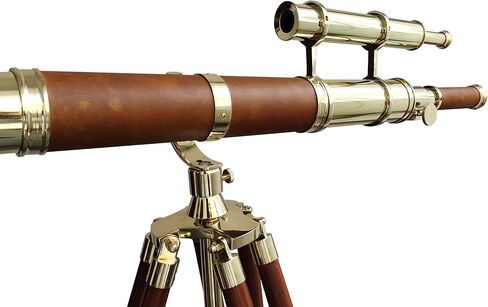 Vintage Telescope Shiny Brass Finish Double Barrel Marine Functional Antique Floor Standing Wooden Tripod Sailor Ship Brown Leather Coverd Tube Nautical in Saudi Arabia