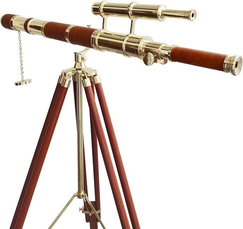 Vintage Telescope Shiny Brass Finish Double Barrel Marine Functional Antique Floor Standing Wooden Tripod Sailor Ship Brown Leather Coverd Tube Nautical in Saudi Arabia