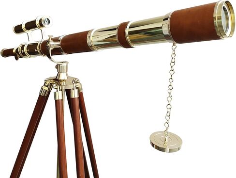 Vintage Telescope Shiny Brass Finish Double Barrel Marine Functional Antique Floor Standing Wooden Tripod Sailor Ship Brown Leather Coverd Tube Nautical in Saudi Arabia
