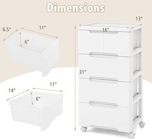 LDAILY Rolling Storage Cart with Drawers, 5 Drawers Storage Cart on Wheels, Rolling Utility Cart with 2 Lockable Wheels & Smooth Drawers, Plastic Rolling Cart for Home, White (16’’L x 13"W x 31’’H) in Saudi Arabia