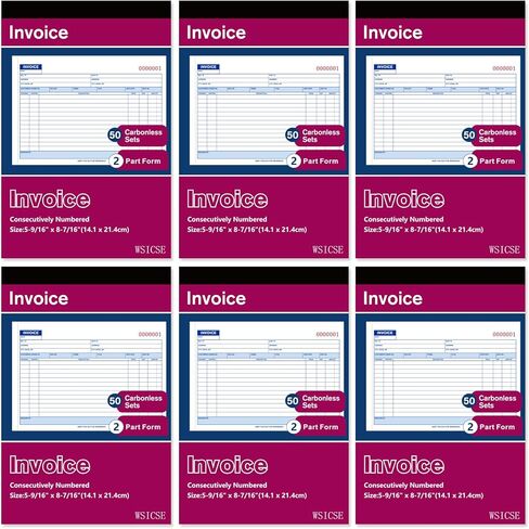 6 Pack Invoice Receipt Book, 2-Part Carbonless, 5-9/16" x 8-7/16" Invoice Book 50 Sets per Book for Small Business in Saudi Arabia