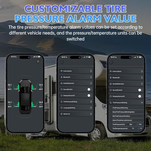 نظام مراقبة ضغط الإطارات B-Qtech RV مع 4 أجهزة استشعار خارجية، TPMS لاسلكي لشاحنة سيارة مقطورة، 6 أوضاع إنذار تدعم iOS وAndroid، عرض الضغط/درجة الحرارة في الوقت الحقيقي in Kuwait