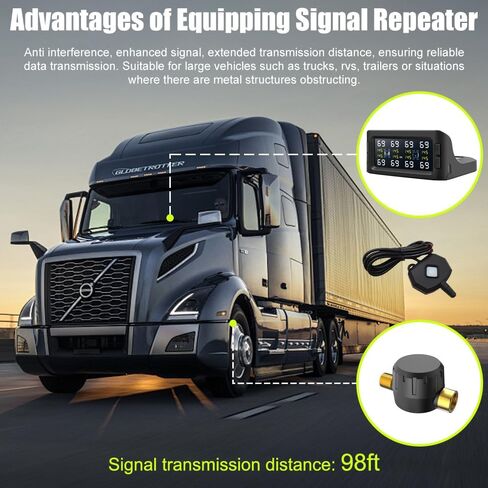 B-Qtech Tire Pressure Monitoring System Solar TPMS w/8 Flow Thru Sensors & Signal Repeater - Long Range Transmission for RV/Truck/Trailer/Camper, 7 Alert Modes Real Time Monitoring (0-199 PSI) in Saudi Arabia