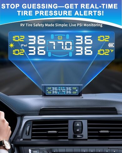 نظام مراقبة ضغط الإطارات RV (TPMS) - مستشعرات TPMS مجموعة من 4 و6 أوضاع إنذار | شاحن بالطاقة الشمسية/USB | شاشة LCD | لسيارة RV/شاحنة/SUV/MPV/سيدان in Kuwait
