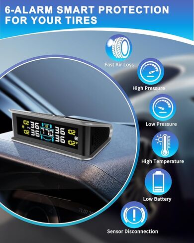 نظام مراقبة ضغط الإطارات RV (TPMS) - مستشعرات TPMS مجموعة من 4 و6 أوضاع إنذار | شاحن بالطاقة الشمسية/USB | شاشة LCD | لسيارة RV/شاحنة/SUV/MPV/سيدان in Kuwait