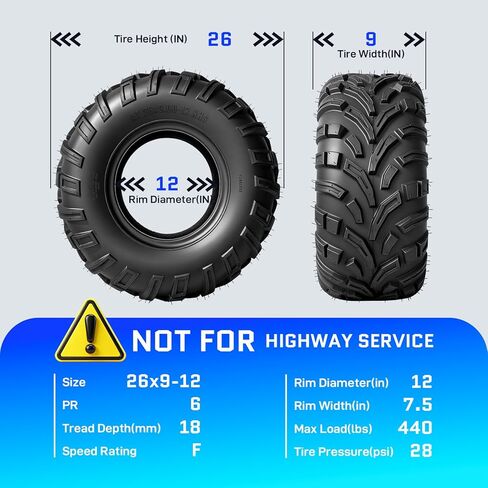 إطارات TRIBLE SIX مقاس 26x9-12 ATV UTV، 6 إطارات PR لجميع التضاريس مقاس 26x9x12 لمسار الطين الرملي، مداس اتجاهي، بدون أنابيب (عبوة من قطعتين) in Kuwait