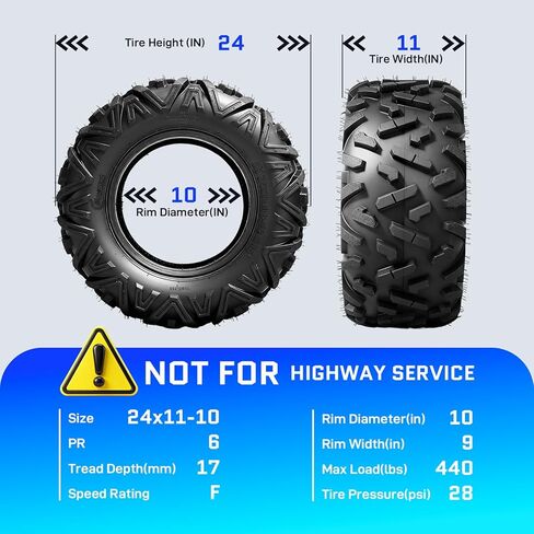 إطارات TRIBLE SIX 24x11-10 ATV UTV، 6 إطارات PR لجميع التضاريس 24x11x10 لمسار الطين الرملي، نمط القرن الكبير غير الاتجاهي، بدون أنبوب (عبوة من 2) in Kuwait