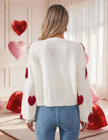 Womens Valentine Heart Cropped Cardigan Sweater 2026 Valentines Day Trendy Cute Oversized Crop Button Front Long Sleeve Cardigans Cream White L in Saudi Arabia