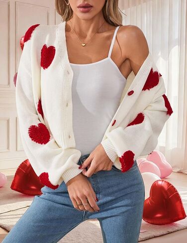 Womens Valentine Heart Cropped Cardigan Sweater 2026 Valentines Day Trendy Cute Oversized Crop Button Front Long Sleeve Cardigans Cream White L in Saudi Arabia