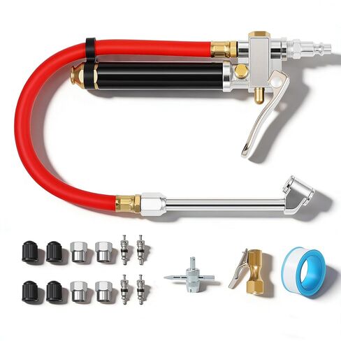 Tire Inflator with Pressure Gauge, 10-120 PSI Heavy Duty Dual Head Tire Inflator Gauge with Rubber Hose, 4 Way Tool and Valve Cores, 1/4" NPT Inlet in Kuwait