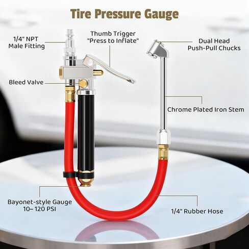 Tire Inflator with Pressure Gauge, 10-120 PSI Heavy Duty Dual Head Tire Inflator Gauge with Rubber Hose, 4 Way Tool and Valve Cores, 1/4" NPT Inlet in Kuwait