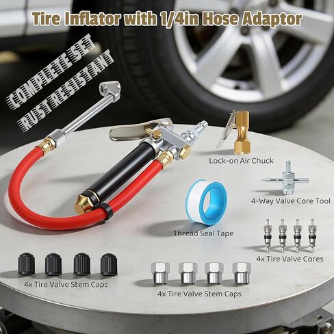Tire Inflator with Pressure Gauge, 10-120 PSI Heavy Duty Dual Head Tire Inflator Gauge with Rubber Hose, 4 Way Tool and Valve Cores, 1/4" NPT Inlet in Kuwait