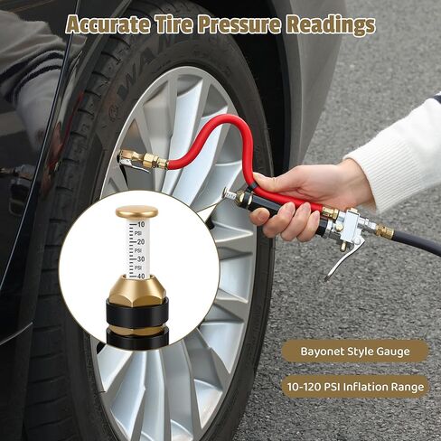 Tire Inflator with Pressure Gauge, 10-120 PSI Heavy Duty Dual Head Tire Inflator Gauge with Rubber Hose, 4 Way Tool and Valve Cores, 1/4" NPT Inlet in Kuwait