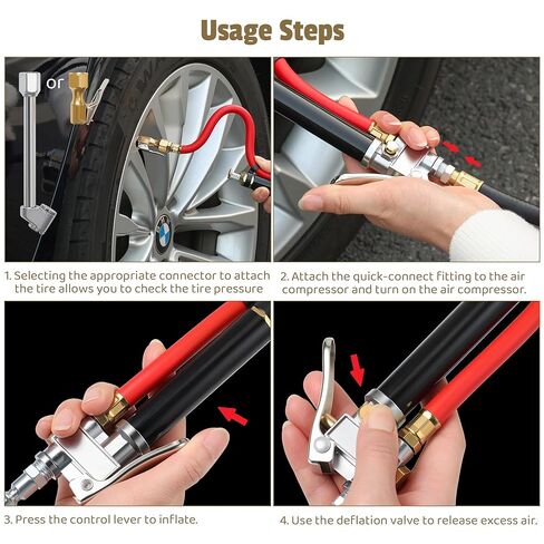 Tire Inflator with Pressure Gauge, 10-120 PSI Heavy Duty Dual Head Tire Inflator Gauge with Rubber Hose, 4 Way Tool and Valve Cores, 1/4" NPT Inlet in Kuwait