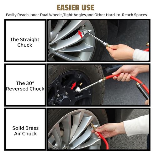 Tire Inflator with Pressure Gauge, 10-120 PSI Heavy Duty Dual Head Tire Inflator Gauge with Rubber Hose, 4 Way Tool and Valve Cores, 1/4" NPT Inlet in Kuwait