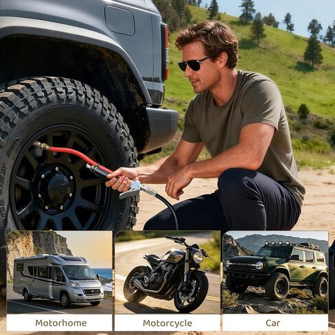 Tire Inflator with Pressure Gauge, 10-120 PSI Heavy Duty Dual Head Tire Inflator Gauge with Rubber Hose, 4 Way Tool and Valve Cores, 1/4" NPT Inlet in Kuwait