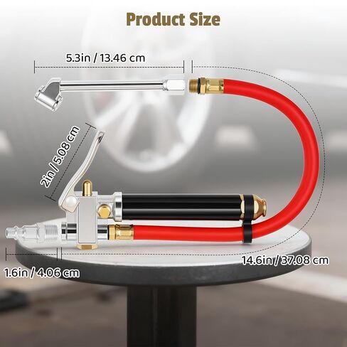 Tire Inflator with Pressure Gauge, 10-120 PSI Heavy Duty Dual Head Tire Inflator Gauge with Rubber Hose, 4 Way Tool and Valve Cores, 1/4" NPT Inlet in Kuwait