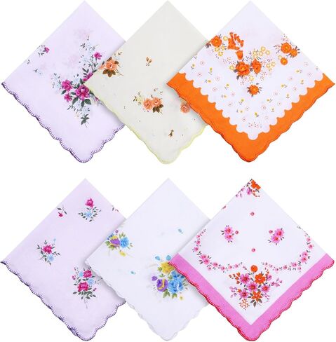 6 Pack Ladies' Vintage Floral Handkerchiefs Ladies Cotton Handkerchief Soft Women's Handkerchiefs Flower Embroidered Ladies Hankies Sweat Handkerchief for Wedding Party in Saudi Arabia