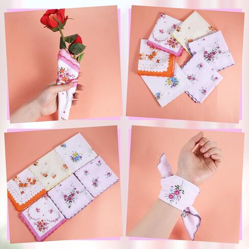 6 Pack Ladies' Vintage Floral Handkerchiefs Ladies Cotton Handkerchief Soft Women's Handkerchiefs Flower Embroidered Ladies Hankies Sweat Handkerchief for Wedding Party in Saudi Arabia