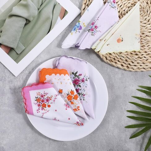 6 Pack Ladies' Vintage Floral Handkerchiefs Ladies Cotton Handkerchief Soft Women's Handkerchiefs Flower Embroidered Ladies Hankies Sweat Handkerchief for Wedding Party in Saudi Arabia
