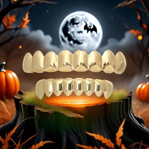 Grillz رجال الهيب هوب مطلية بالذهب أسنان Grillz Grills متألقة 8 مجوهرات أسنان 18 قيراط شوايات أسنان نحاسية مطلية بالذهب مع قضبان صب طلاء الأسنان 18 قيراط الذهب زي حفلة الهالوين للجنسين in Kuwait