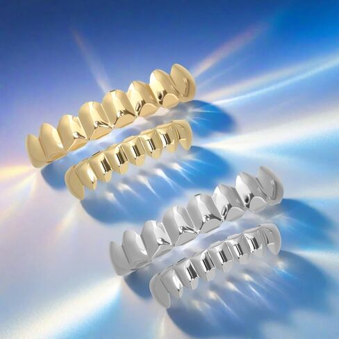 Grillz رجال الهيب هوب مطلية بالذهب أسنان Grillz Grills متألقة 8 مجوهرات أسنان 18 قيراط شوايات أسنان نحاسية مطلية بالذهب مع قضبان صب طلاء الأسنان 18 قيراط الذهب زي حفلة الهالوين للجنسين in Kuwait