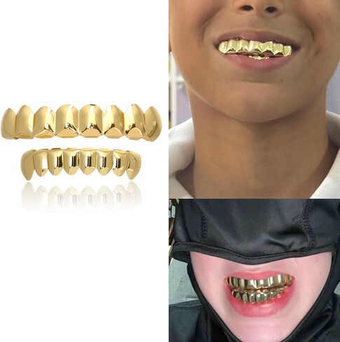 Grillz رجال الهيب هوب مطلية بالذهب أسنان Grillz Grills متألقة 8 مجوهرات أسنان 18 قيراط شوايات أسنان نحاسية مطلية بالذهب مع قضبان صب طلاء الأسنان 18 قيراط الذهب زي حفلة الهالوين للجنسين in Kuwait
