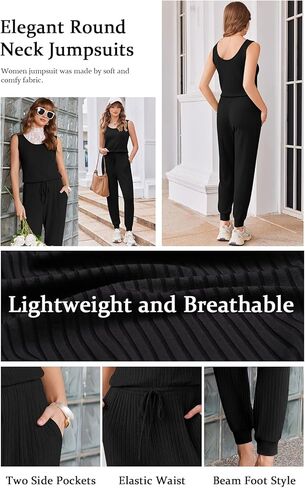 Ekouaer Jumpsuits for Women Summer Sleeveless Ribbed One Piece Romper Dressy Vacation Clothes Travel Outfits Black M in Saudi Arabia