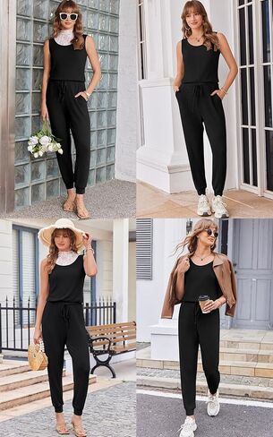 Ekouaer Jumpsuits for Women Summer Sleeveless Ribbed One Piece Romper Dressy Vacation Clothes Travel Outfits Black M in Saudi Arabia