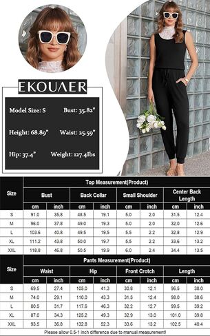 Ekouaer Jumpsuits for Women Summer Sleeveless Ribbed One Piece Romper Dressy Vacation Clothes Travel Outfits Black M in Saudi Arabia